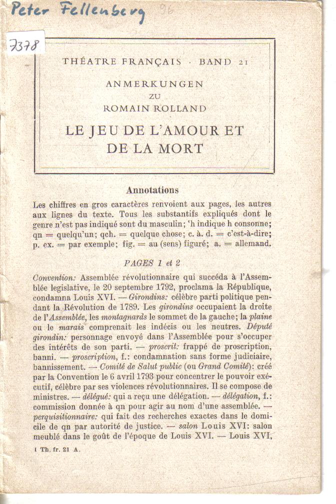 Le Jeu de L`amour et de la mort Anmerkungen zu Romain Rolland
